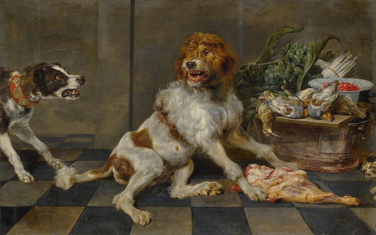 TWO DOGS WITH A JOINT OF MEAT, A BASKET WITH GAME AND VEGETABLES BEHIND THEM by Paul de Vos