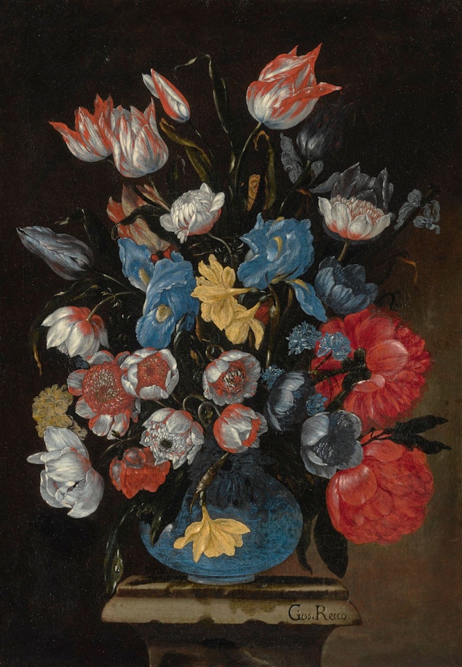 STILL LIFE OF ANEMONES, TULIPS, DAHLIAS AND OTHER FLOWERS IN A GLASS VASE by Giuseppe Recco