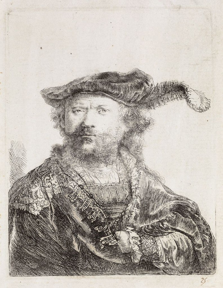Self Portrait In A Velvet Cap And Plume by Attributed to Rembrandt Harmensz van Rijn