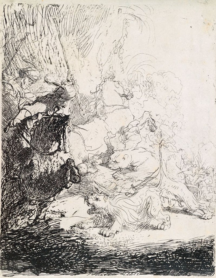The Little Lion Hunt with a Lion and Two Horsemen by Attributed to Rembrandt Harmensz van Rijn