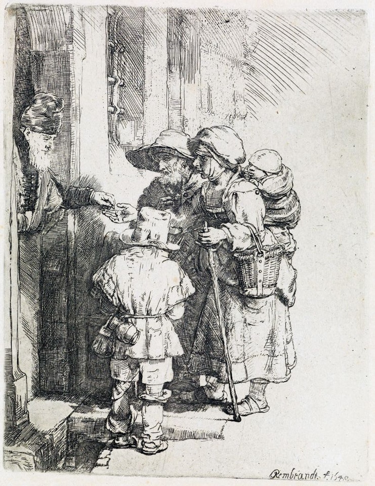 Beggars Receiving Alms At A Door by Attributed to Rembrandt Harmensz van Rijn