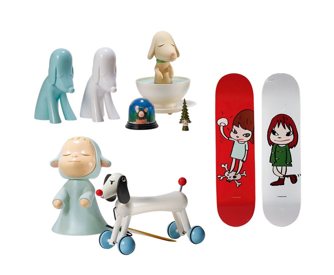 1. The Aomori Dog White & Blue; 2. Dreaming in the Fountain; 3. Pupcup; 4. Mini Mori Girl; 5. The Little Wanderer; 6. My Sweet Dog; & 7. Girl on Top of Skull; Green Dress Girl by Yoshitomo Nara
