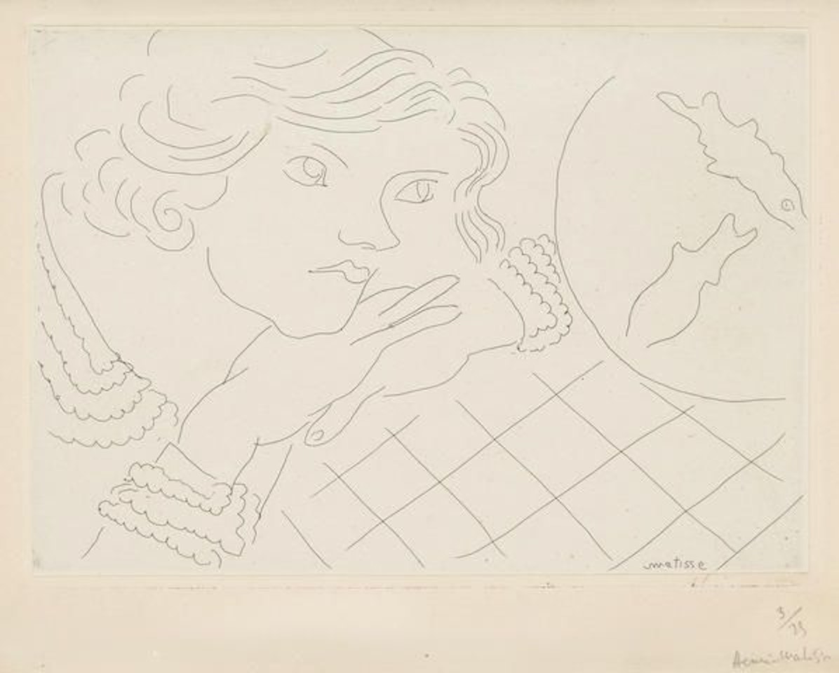 Jeune femme, poissons rouge et nappe à carreaux by Henri Matisse
