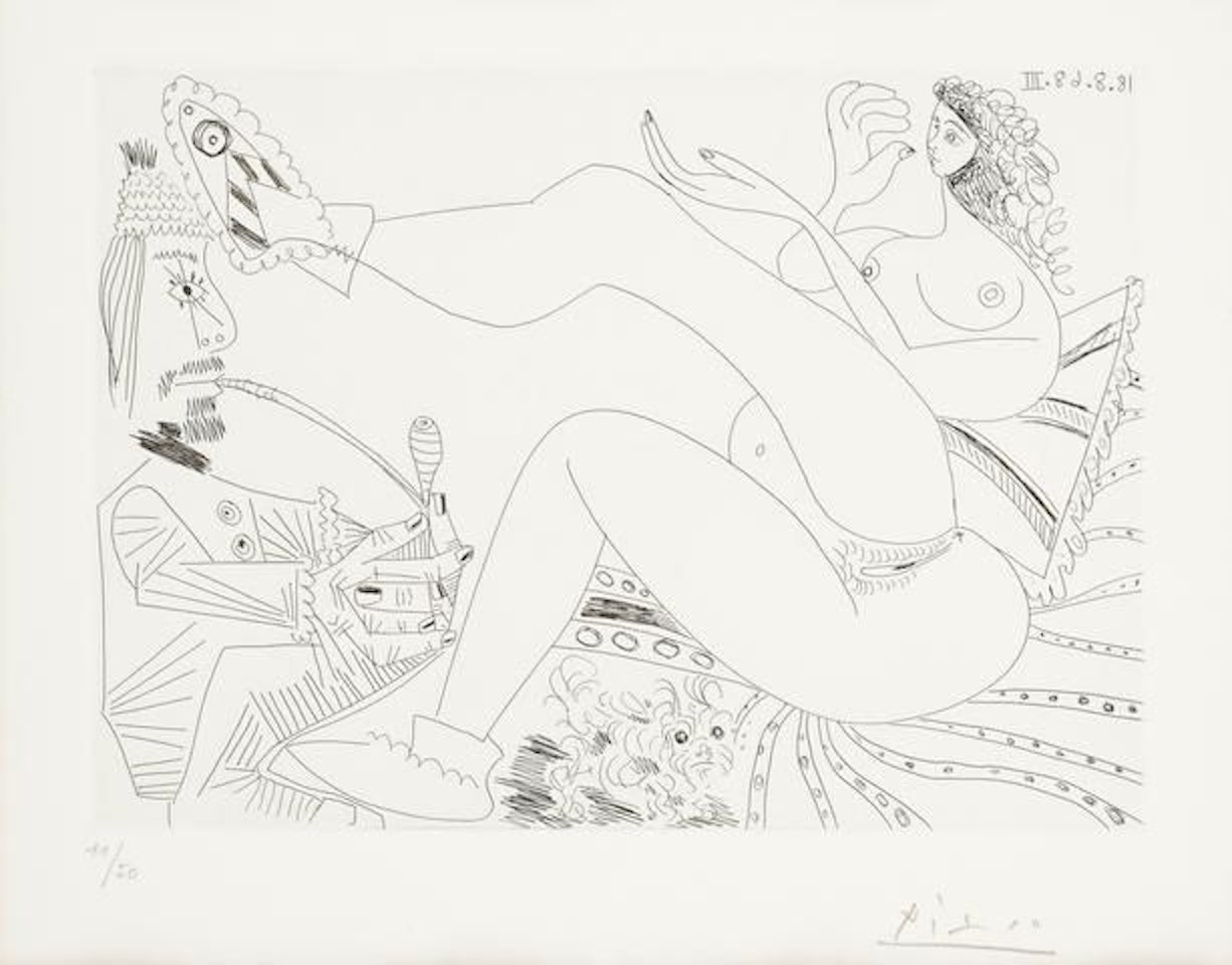 Fumeur d'opium, femme en pantoufles sur son lit et petit chien by Pablo Picasso