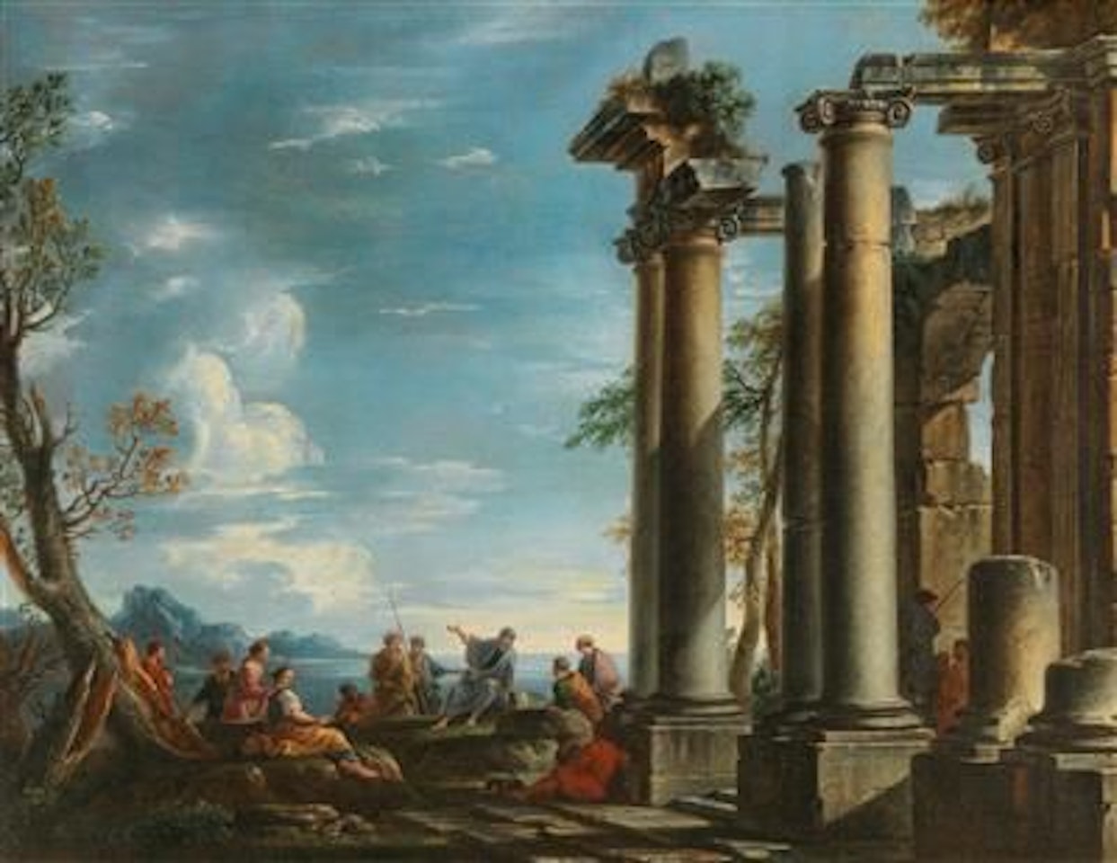 A coastal landscape with figures by a classical ruin by Giovanni Ghisolfi
