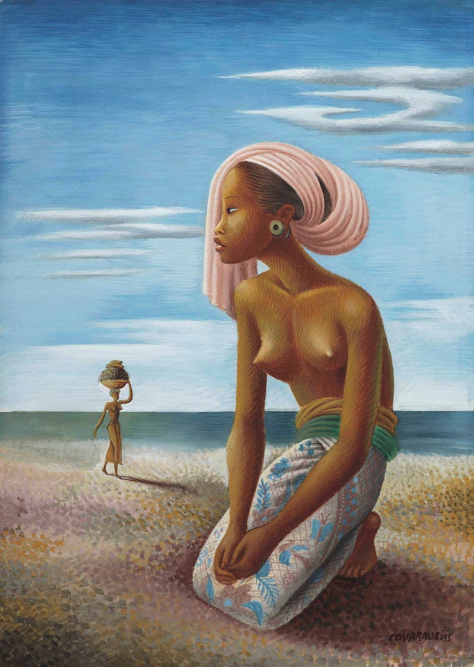 Girl Wearing a Sarong by the Ocean (also known as Balinesa con turbante rosa en la playa) by Miguel Covarrubias
