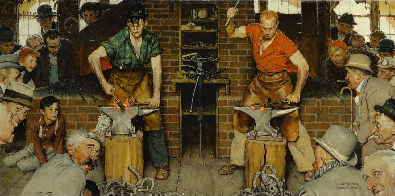 BLACKSMITH’S BOY – HEEL AND TOE (SHAFTSBURY BLACKSMITH SHOP; “I’LL NEVER FORGET THAT LAST HOUR. AND NEVER, I IMAGINE, WILL ANY OF THOSE WHO WATCHED. BOTH MEN WERE LOST TO EVERYTHING NOW BUT THE SWING FROM THE FORGE TO THE ANVIL, THE HEELS TO BE TURNED AND THE TOES TO BE WELDED.”) by Norman Rockwell