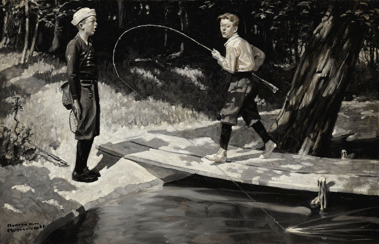 MAX SIMPLY WALKED UP THAT PIER, PULLING THAT FISH THROUGH THE WATER BY MAIN FORCE by Norman Rockwell