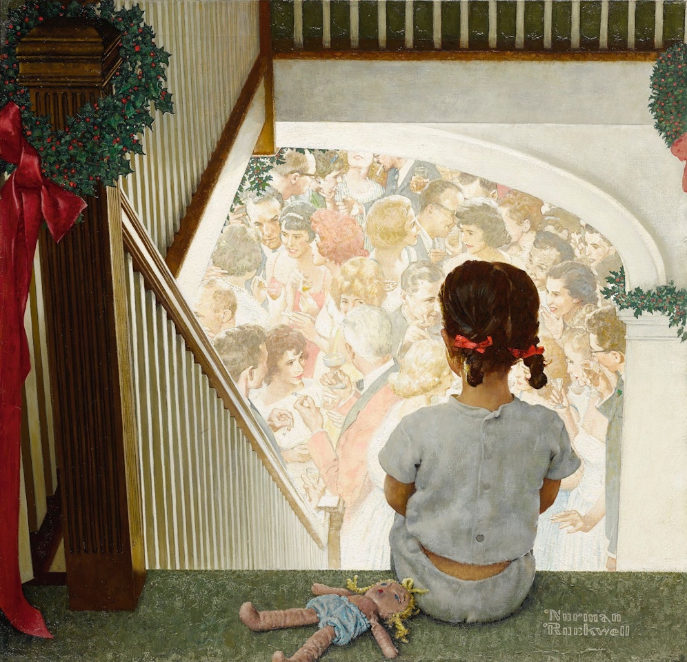 LITTLE GIRL LOOKING DOWNSTAIRS AT CHRISTMAS PARTY by Norman Rockwell