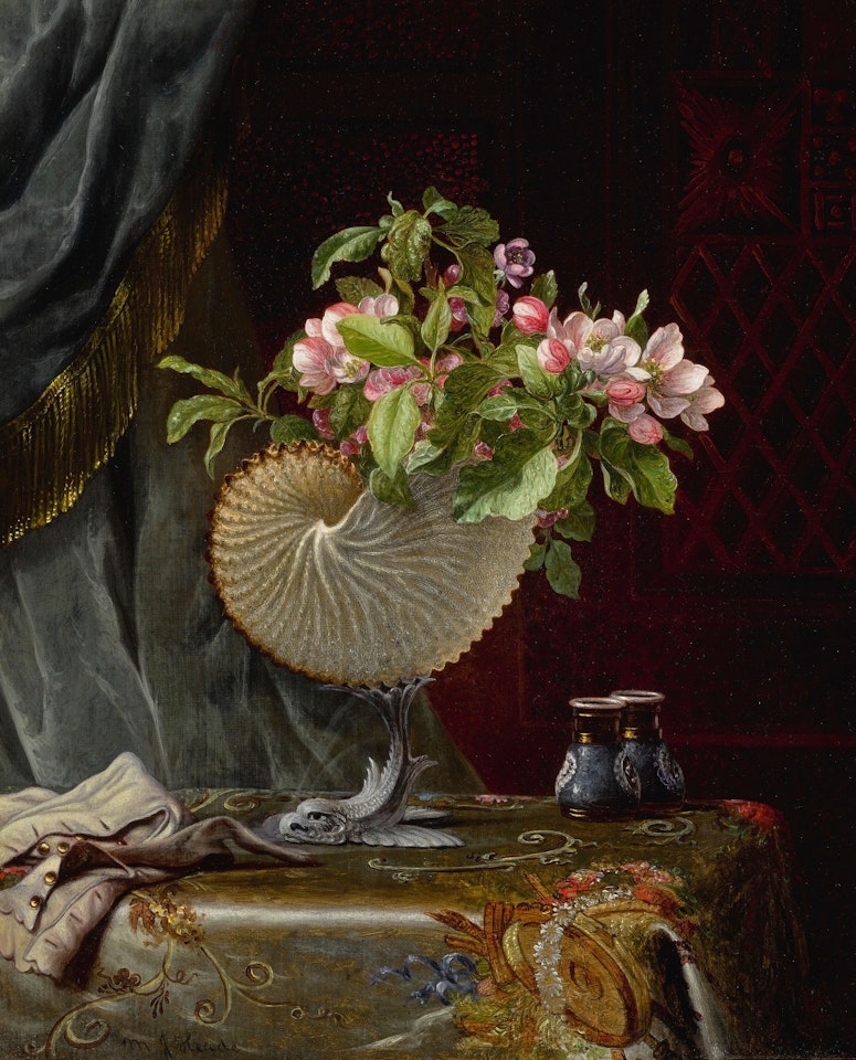 APPLE BLOSSOMS IN A NAUTILUS SHELL VASE by Martin Johnson Heade