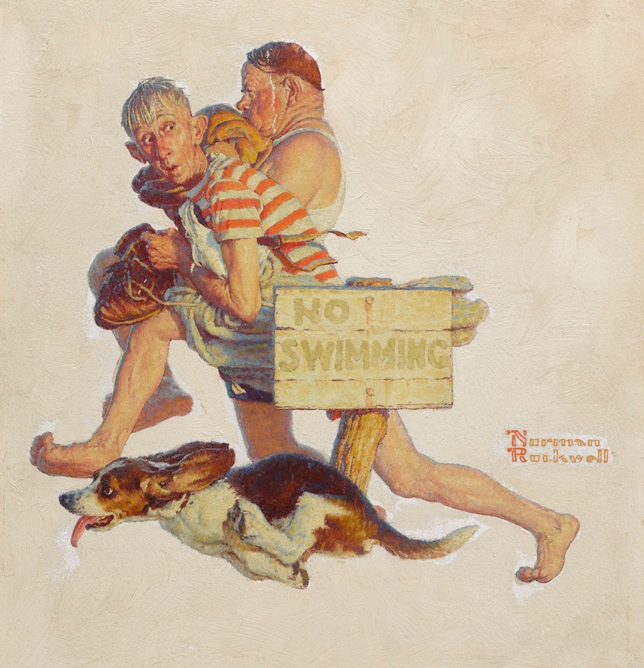 TWO OLD MEN AND DOG: NO SWIMMING by Norman Rockwell