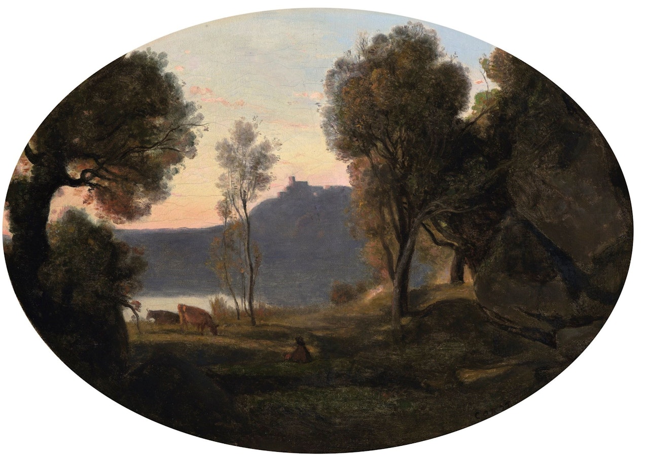LE SOIR (PRAIRIE BOISÉE AU BORD D'UN LAC) by Jean Baptiste Camille Corot