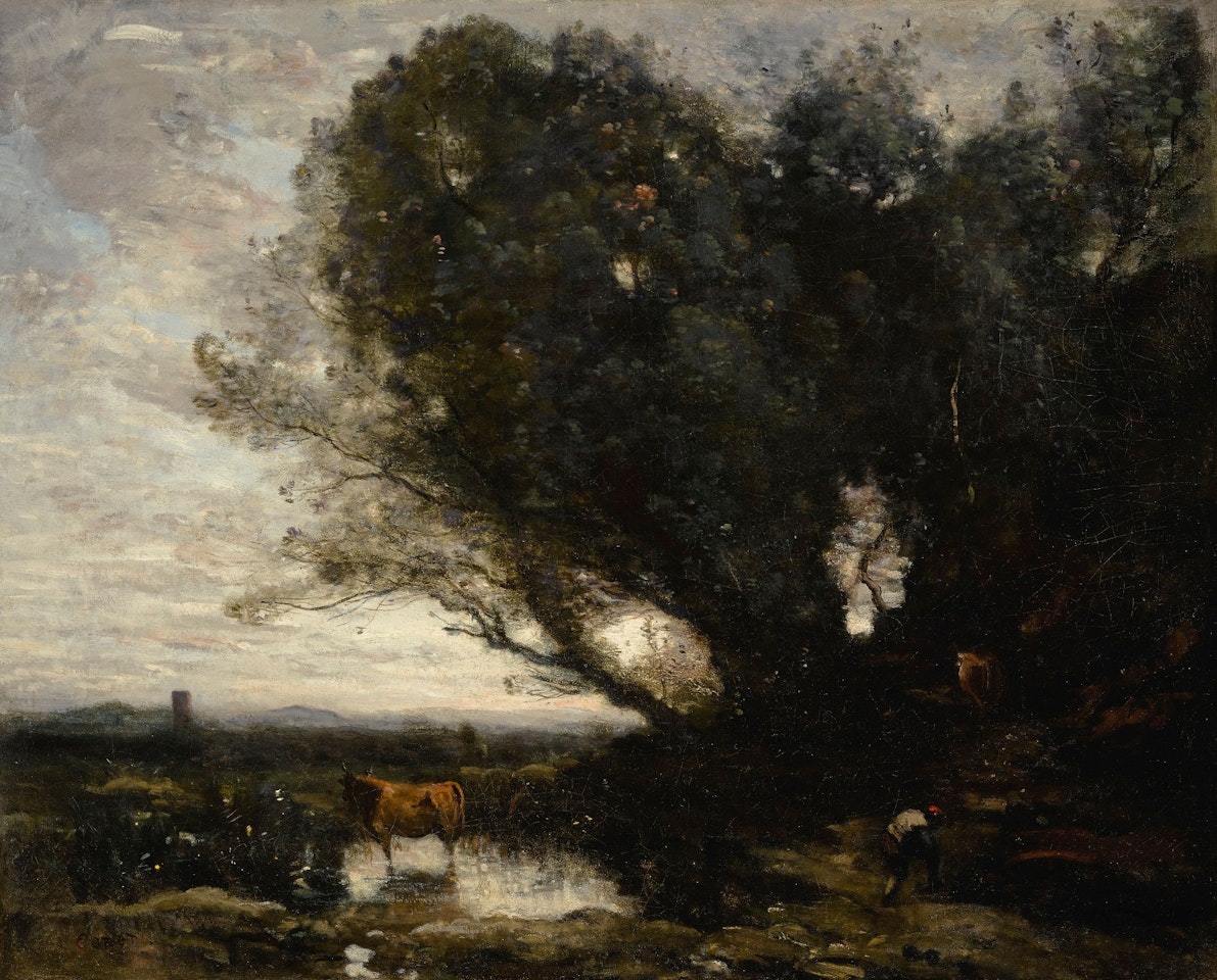 VACHER ITALIEN RATTACHANT SA JAMBIÈRE SOUS DE GRANDS ARBRES (EFFET DE CRÉPUSCULE) by Jean Baptiste Camille Corot