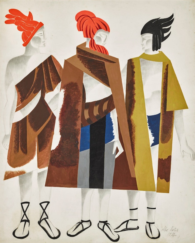 COSTUME DESIGN WITH THREE FIGURES FOR LA DONNA SULLO SCUDO by Alexandra Exter