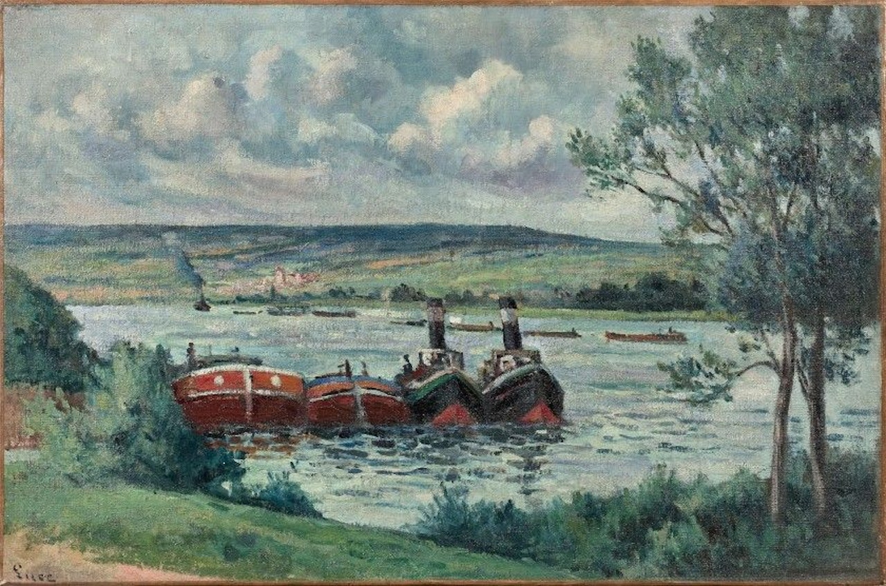 Méricourt, barges and tugboats by Maximilien Luce