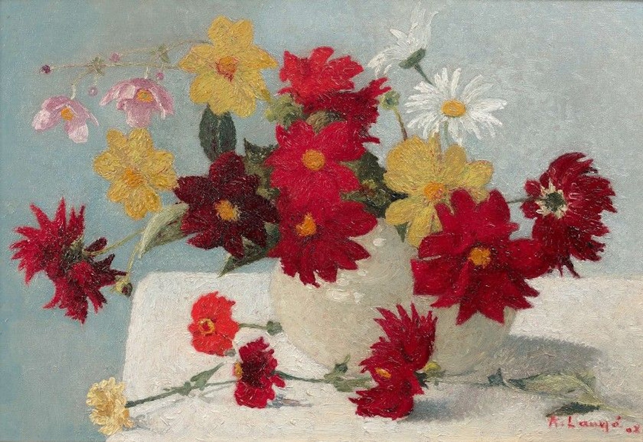 Bouquet of dahlias and zinnias by Achille Laugé