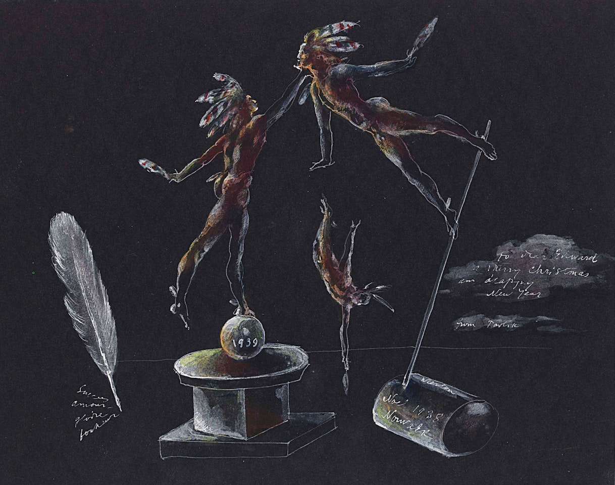 A New Year greeting: Three acrobats in feather headresses by Pavel Tchelitchew