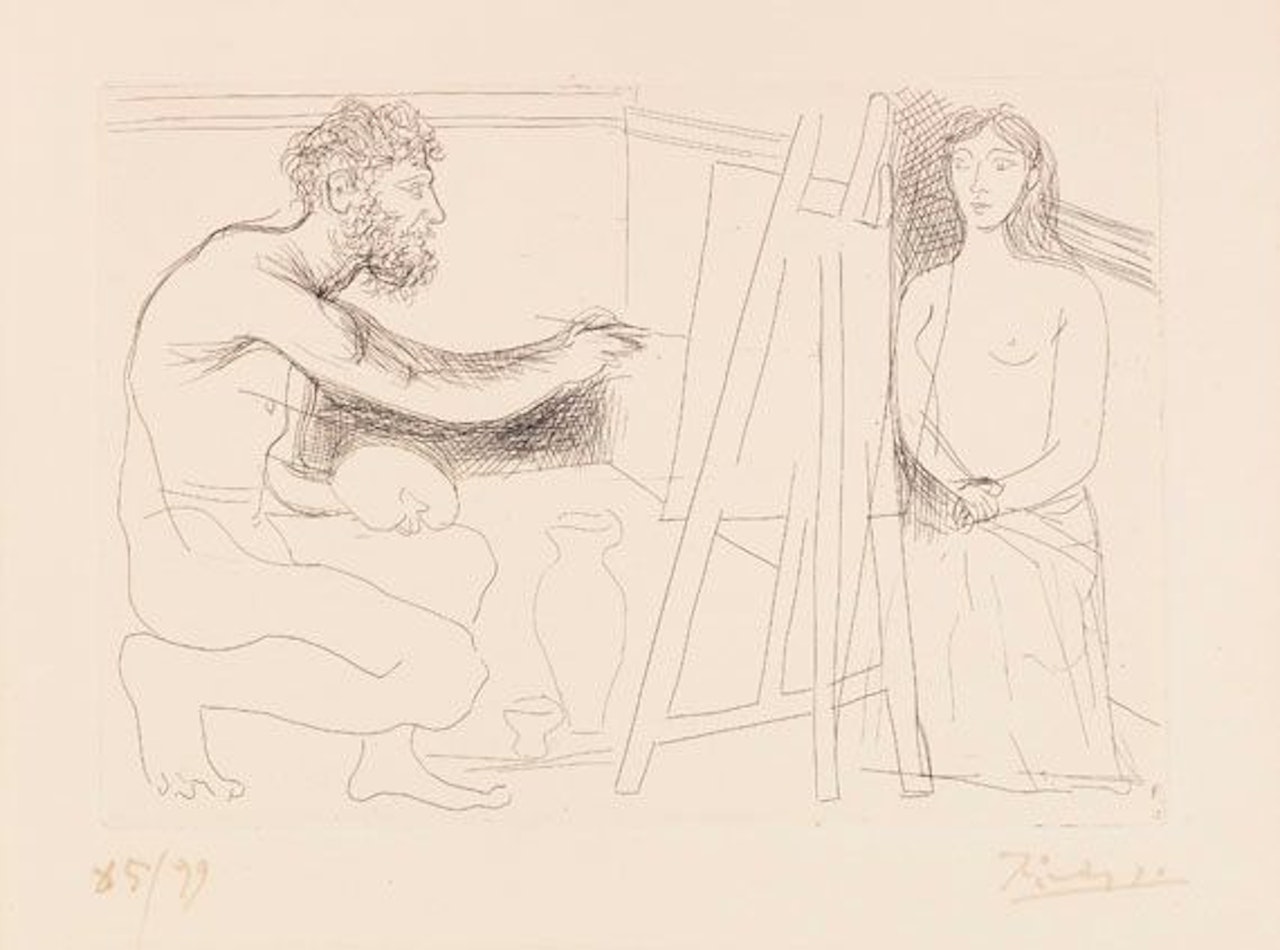 Peintre devant son chevalet avec un modèle aux longs cheveux (Aus: Balzac. Le Chef-d'ýuvre inconnu) by Pablo Picasso