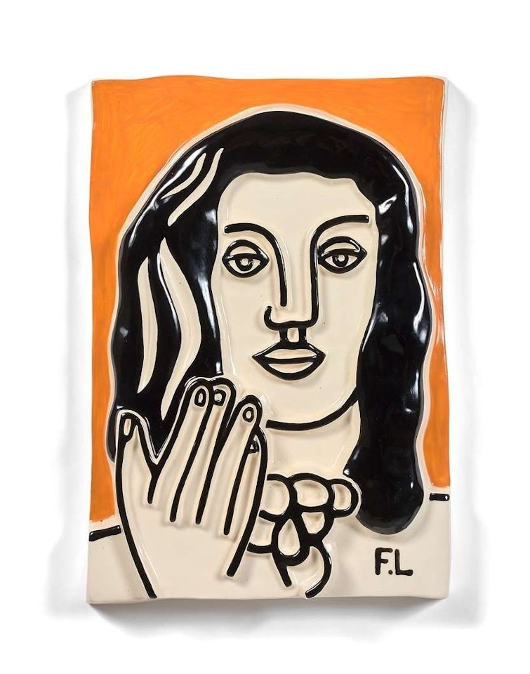 One-handed face on ocher background by Fernand Leger