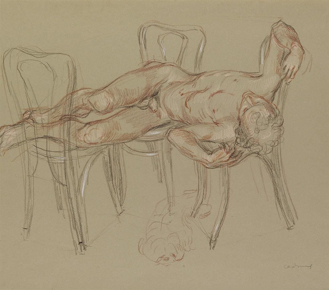 Nude Reclining On Bentwood Chairs With A Dog by Paul Cadmus