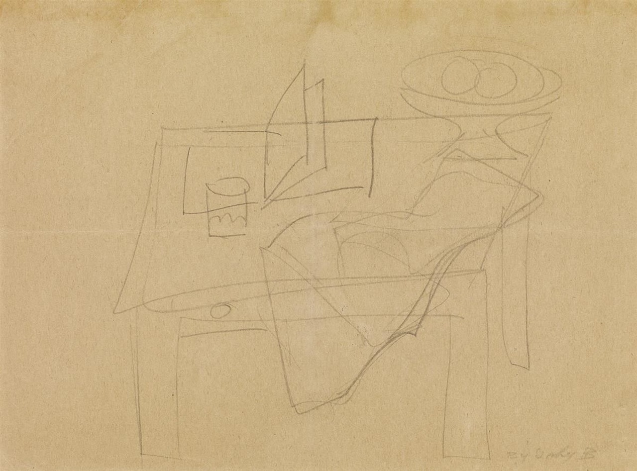 Tabletop Still Life With Fruit Dish And Papers by Arshile Gorky