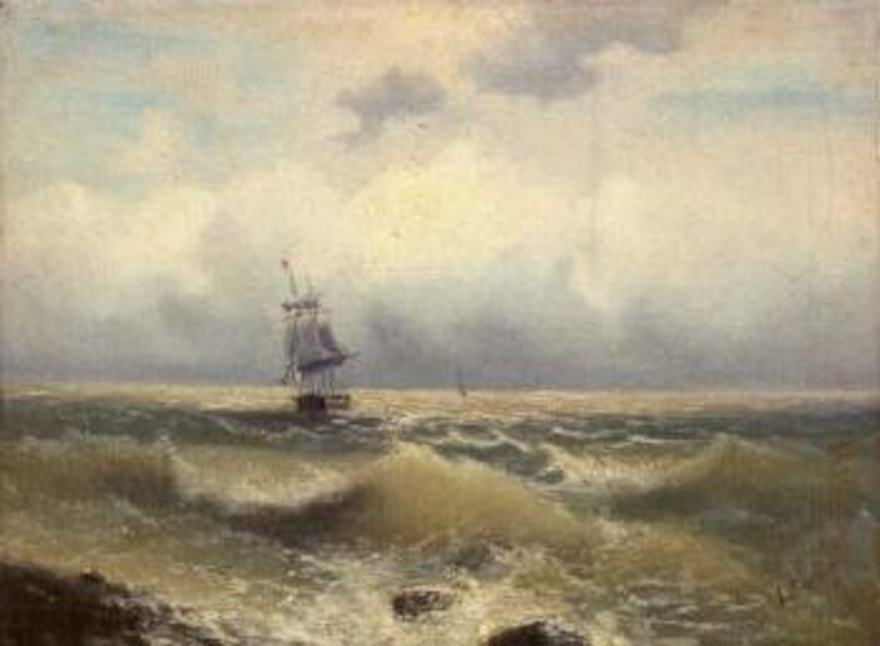 Two masted barque running along the coast by Ivan Konstantinovich Aivazovsky
