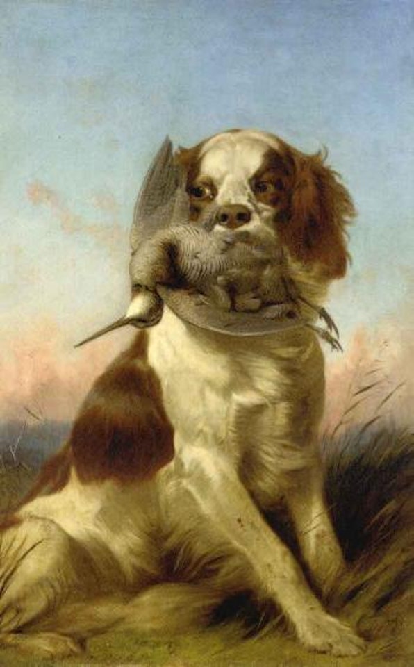 Spaniel with woodcock at sunset by Richard Ansdell