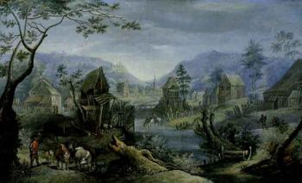 Mountain landscape with a village and shepherds by Anton Mirou