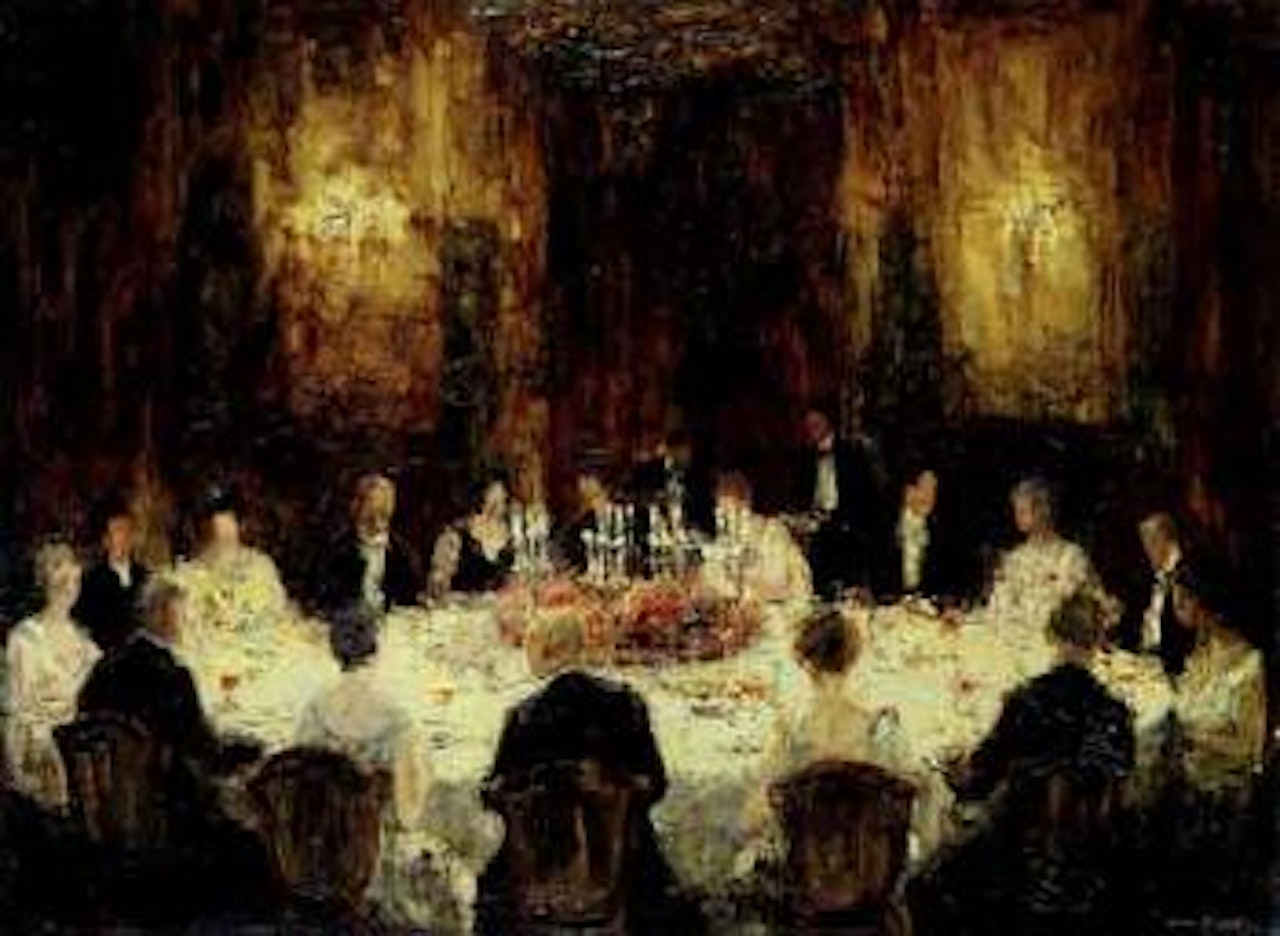 Group of people dining around a large table by Otto Pippel