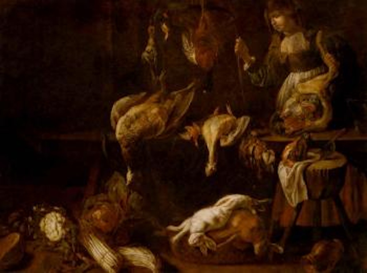 Interior with a kitchen maid, dead game, two dead hare in a basket, asparagus, by Adriaen van Utrecht