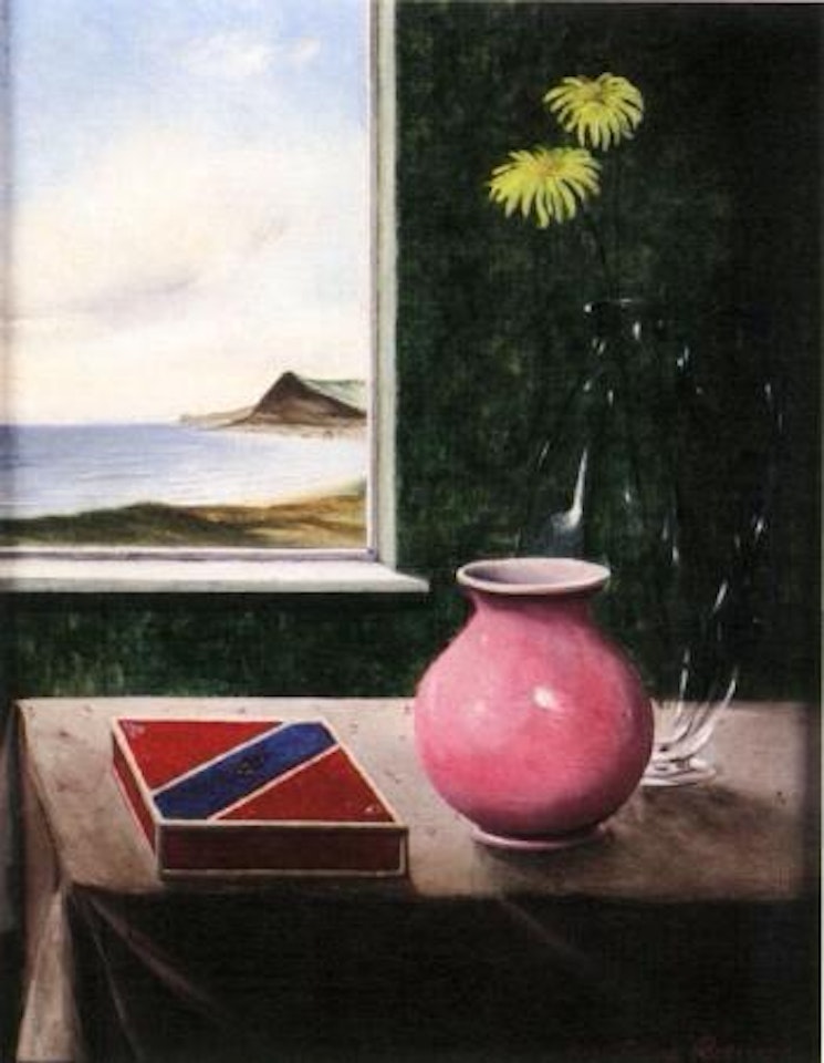 Still life with red box and window view by Franz Radziwill