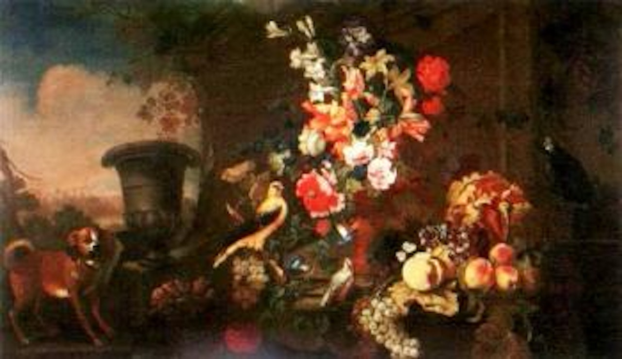 Still life of flowers, fruit and flowers in park by German School