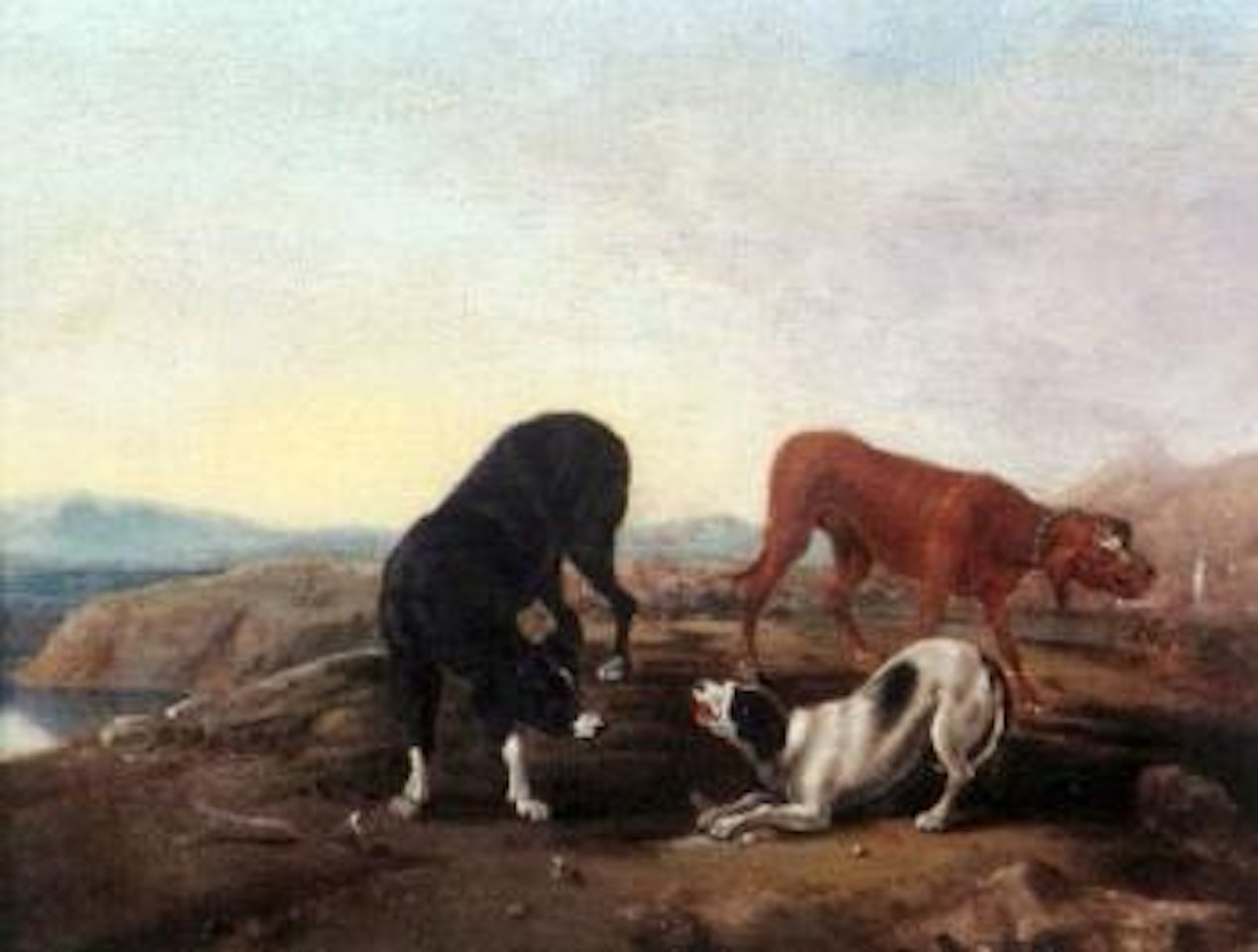 Dogs fighting over bones in landscape by Paul de Vos