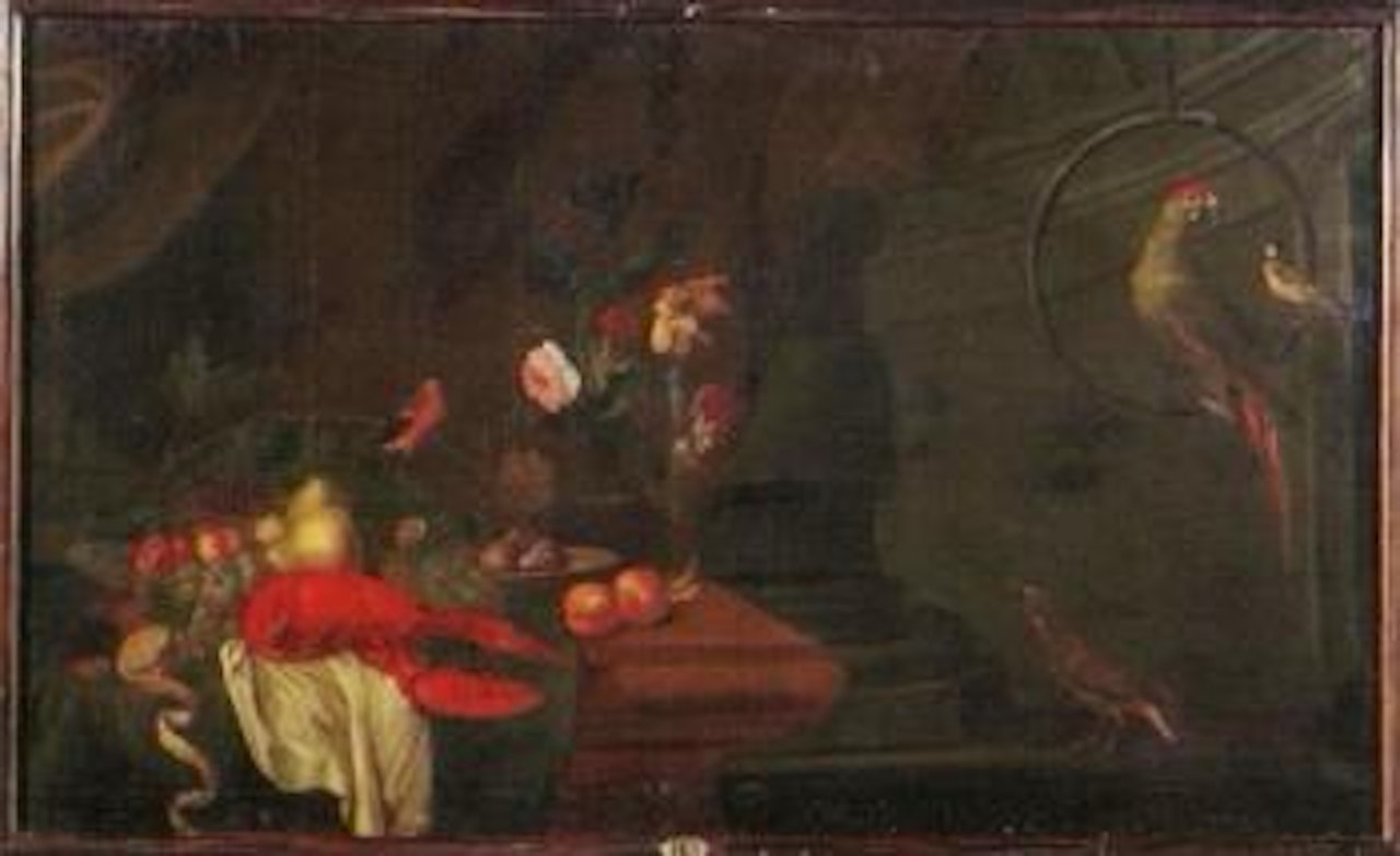 Lobster, fruits, flowers in a vase and parrot by German School