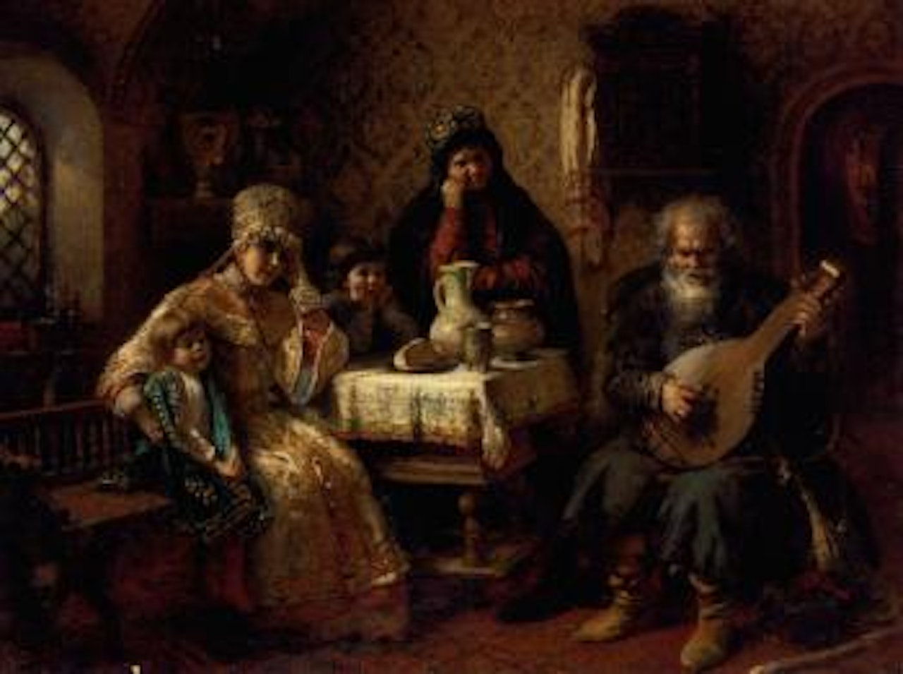 Russian interior with a bandura player by Konstantin Makovsky