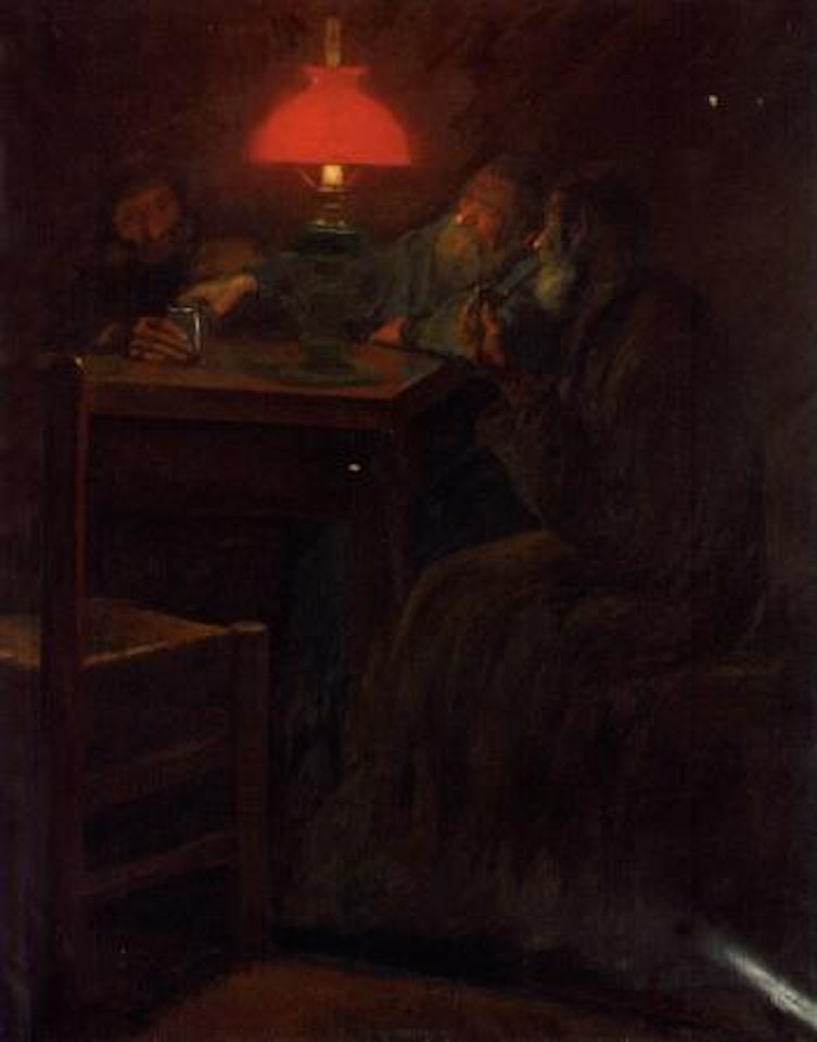 Three Jewish men sharing an evening drink by Russian School