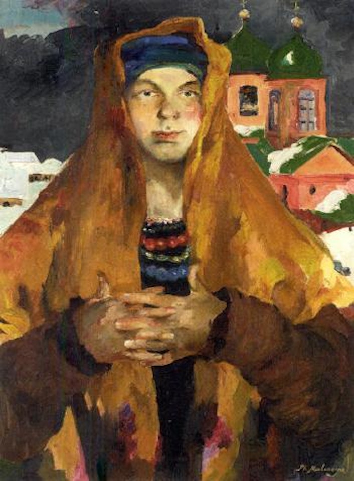 Portrait of a peasant woman in a yellow shawl by Filip Malyavin