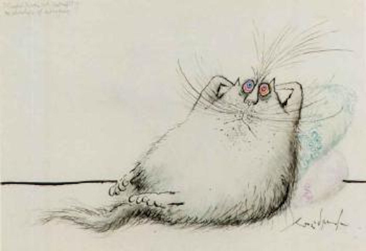 Exhausted Persian cat contemplating the advantages of monogamy by Ronald Searle