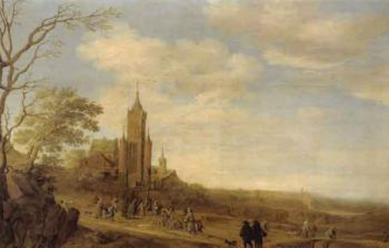 Wide landscape with peasants on their way to church by Joost Cornelisz Droochsloot