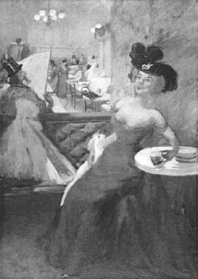 French restaurant scene with lady wearing black hat at right by Jean Julien Lemordant