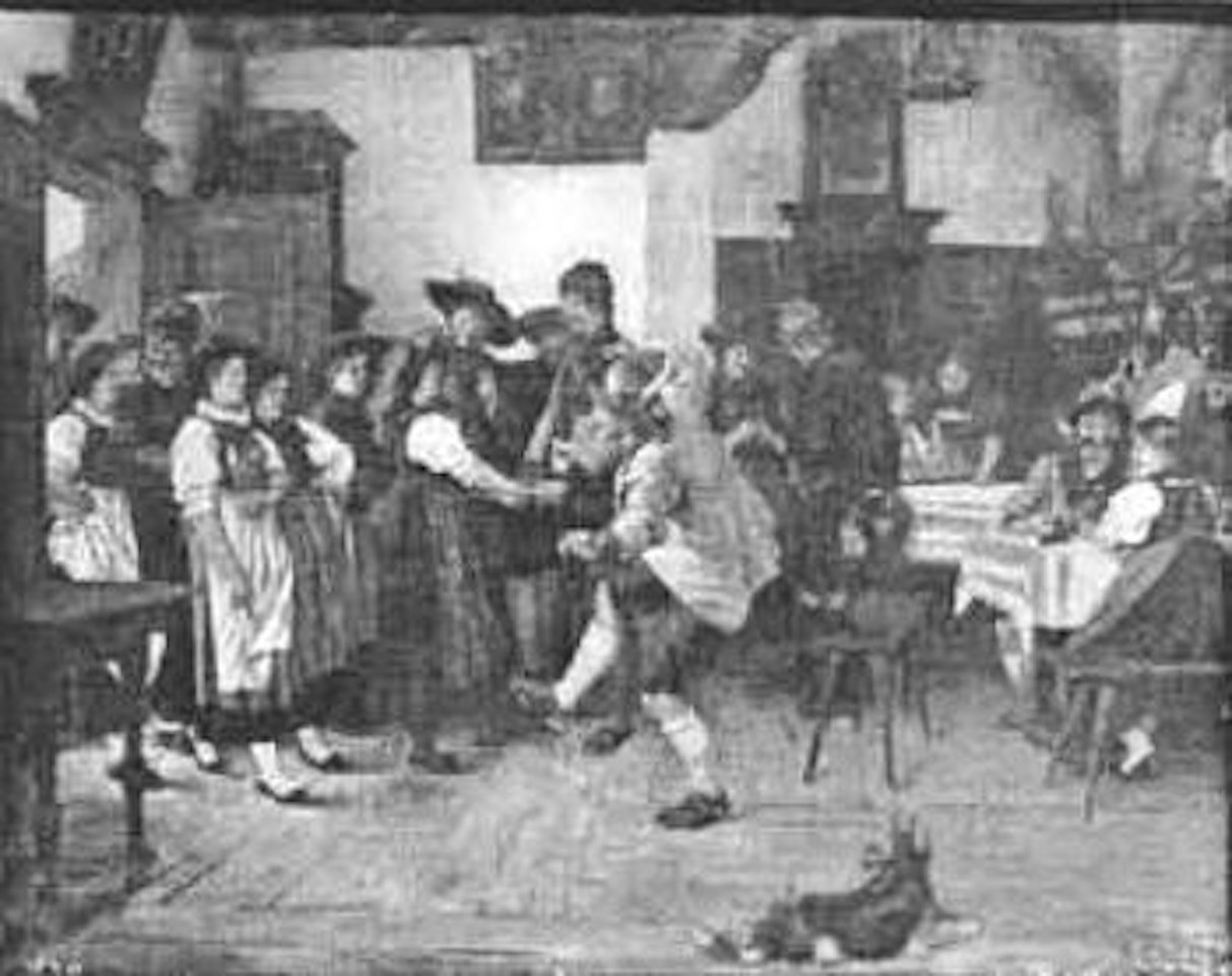 German interior scene with figures in 17th century dress, with dog by Franz von Defregger