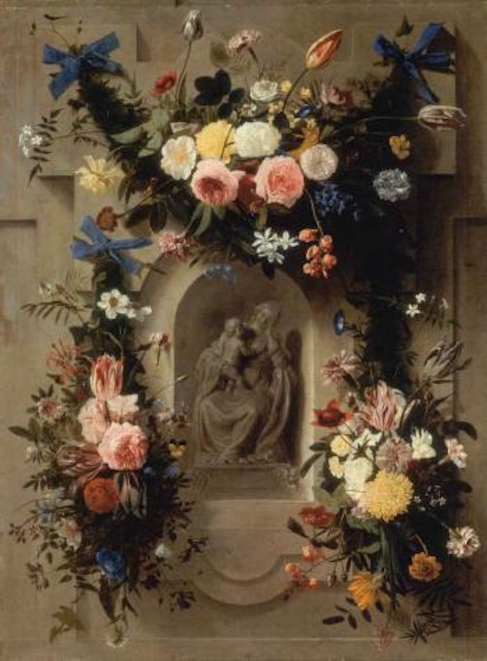 Garland of flowers surrounding a statue of the Madonna and Child in a niche by Johannes Antonius van der Baren by Erasmus Quellinus II