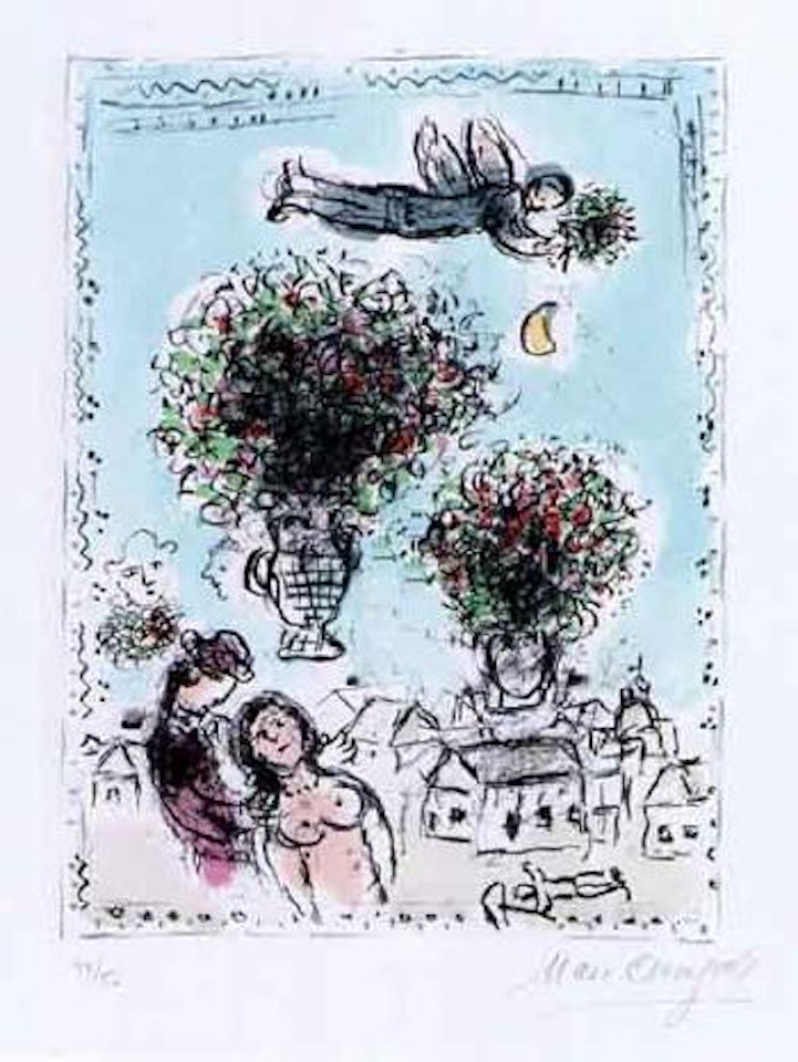 Bouquets with a blue sky by Marc Chagall