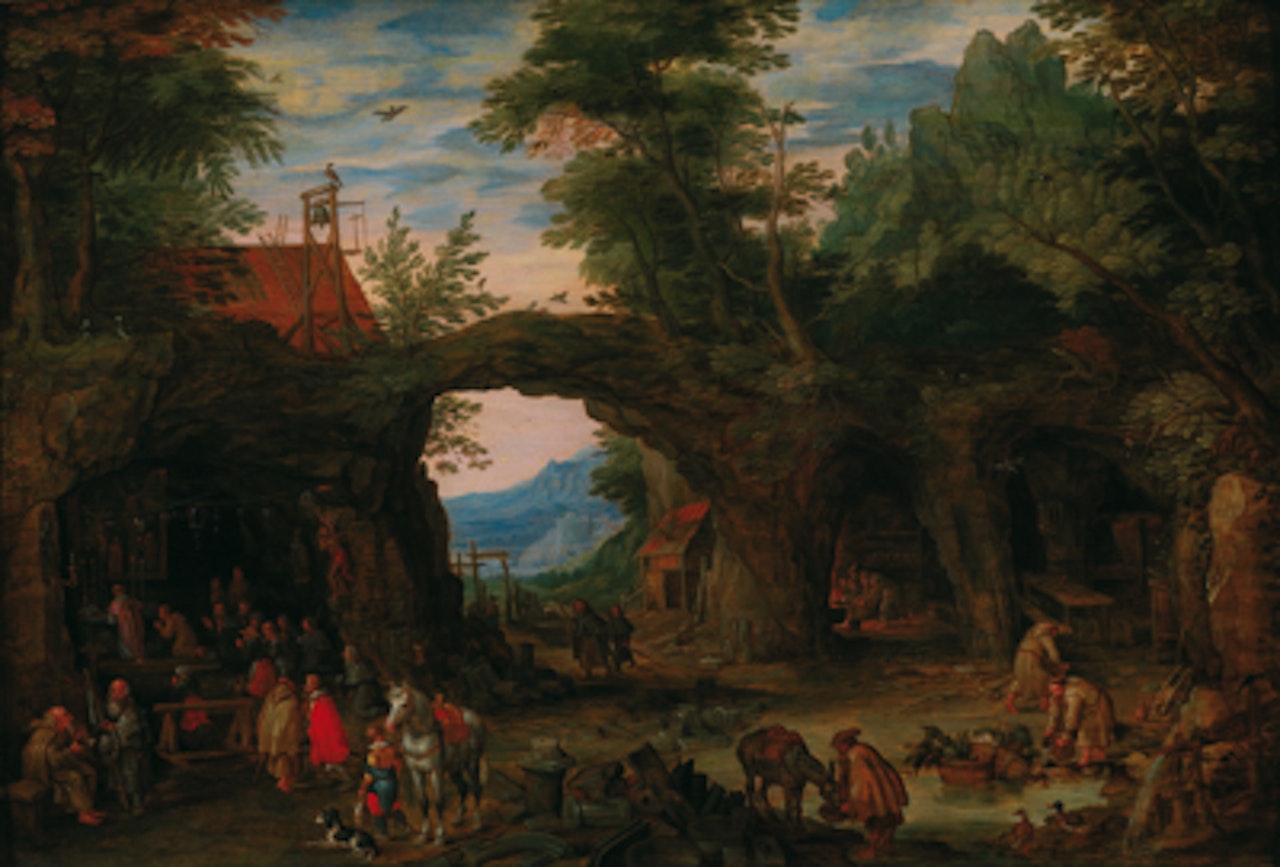 Rocky landscape with a mass held in a grotto by Jan Brueghel the Younger