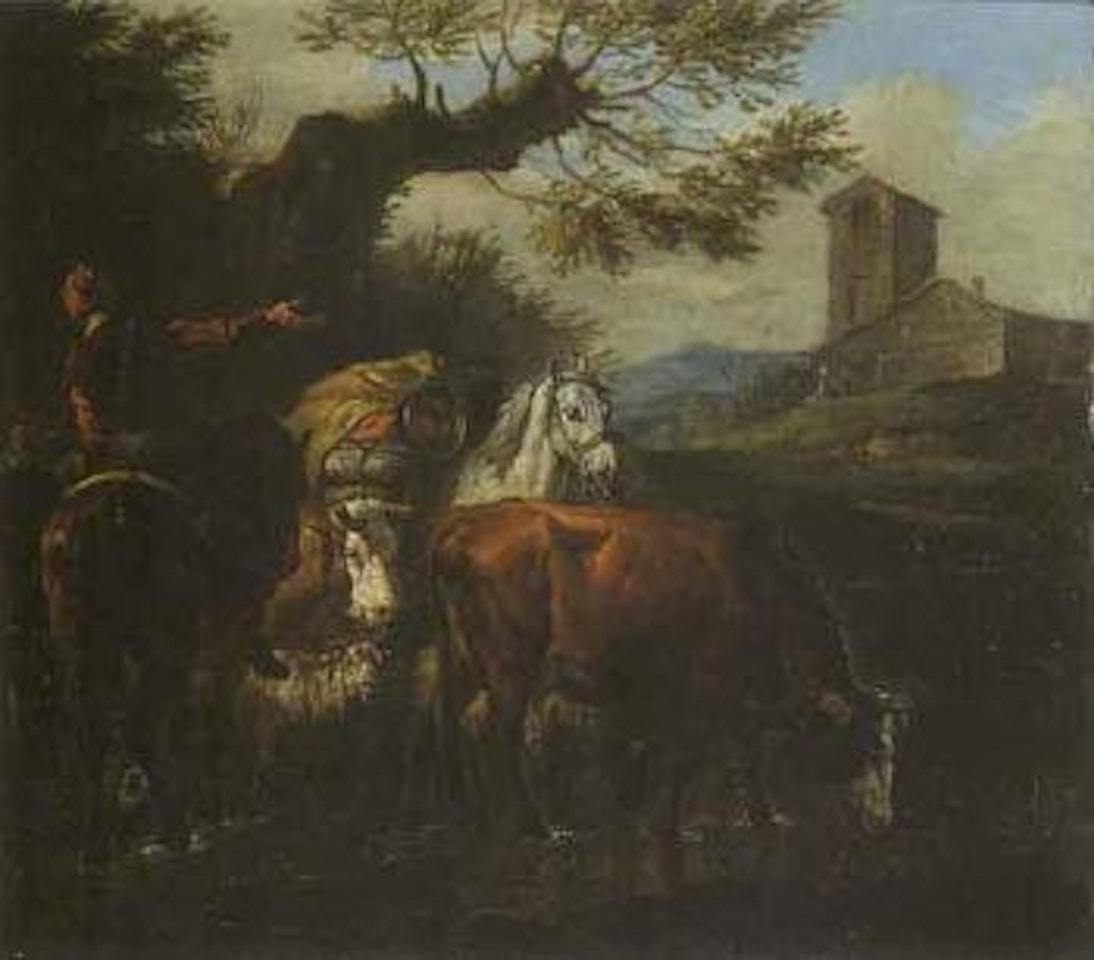Two herders with horses, cows and sheep by Pieter van Bloemen