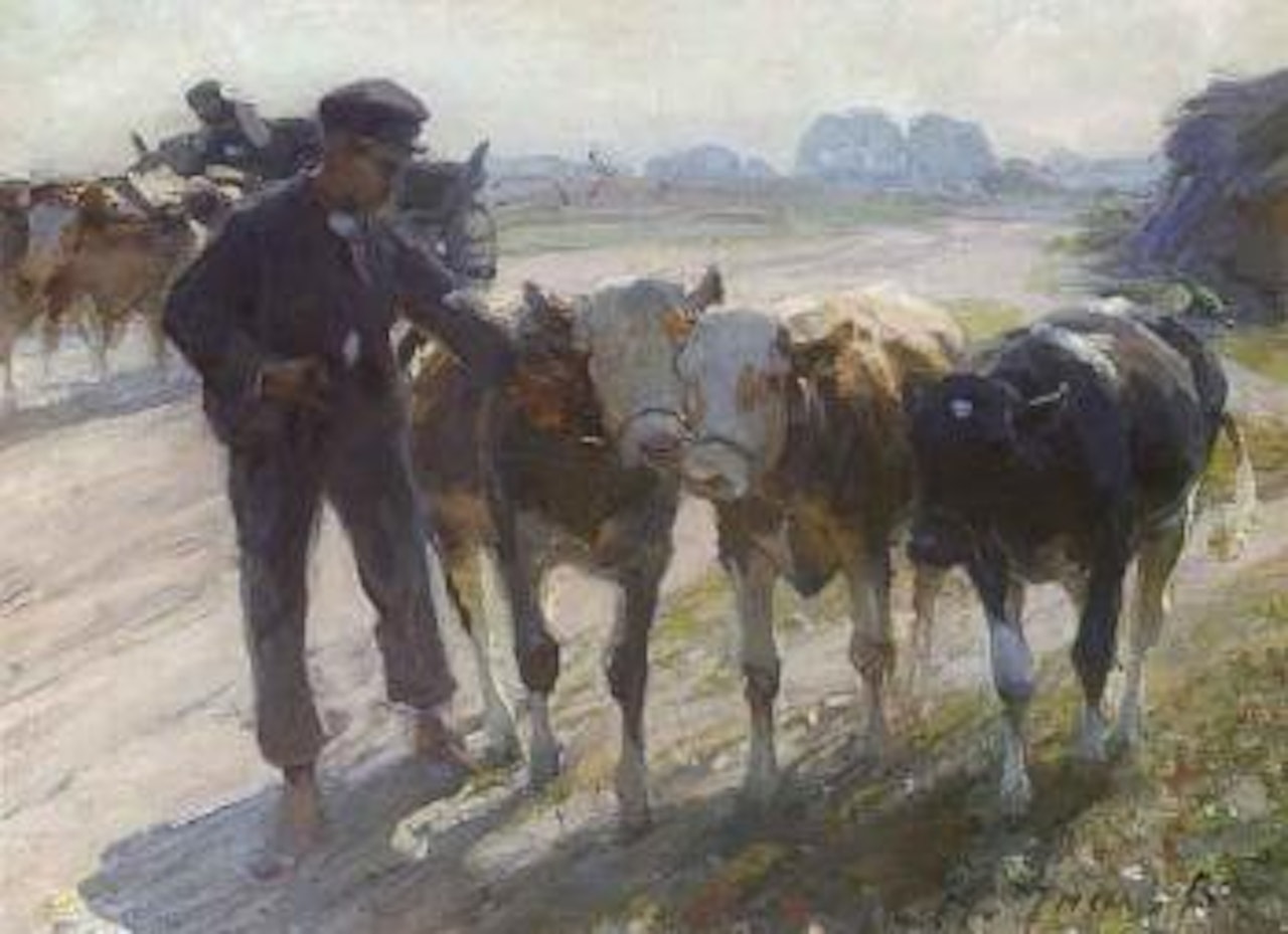 Three calves with herder by Heinrich von Zugel