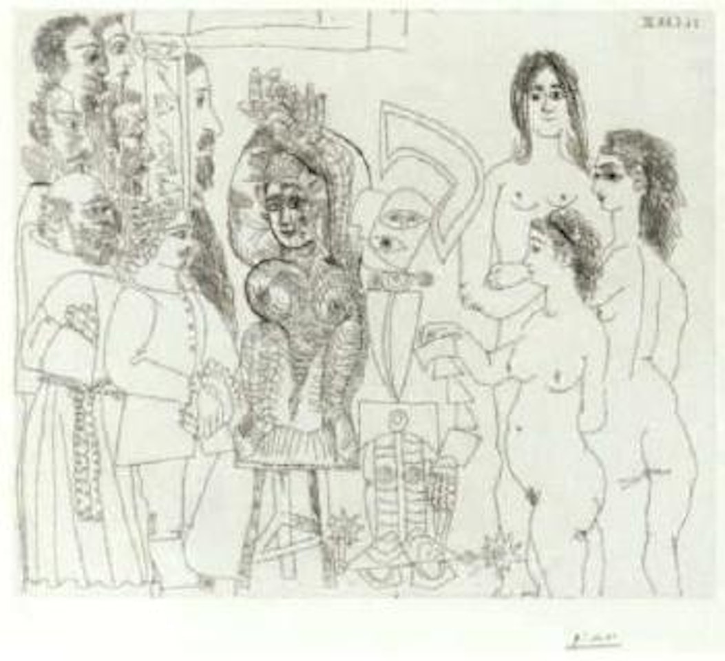 Notables Espagnols visitant une maison close ornee d'une armure by Pablo Picasso