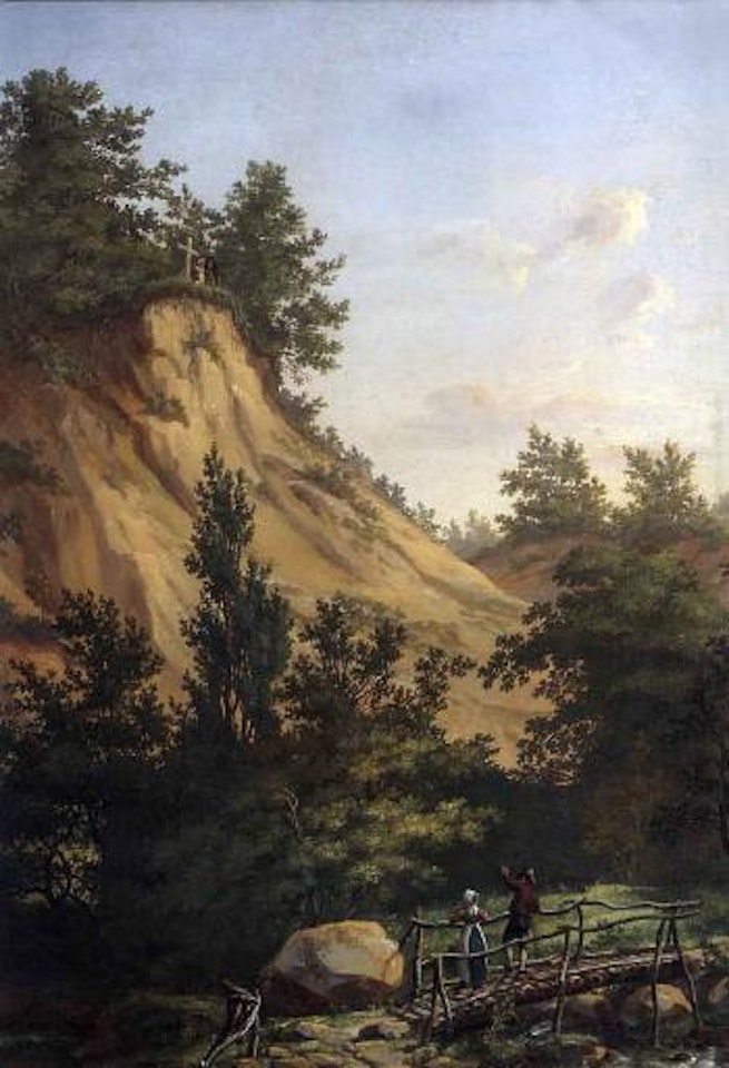Mountainous landscape with figures on bridge by Johan Christian Clausen Dahl
