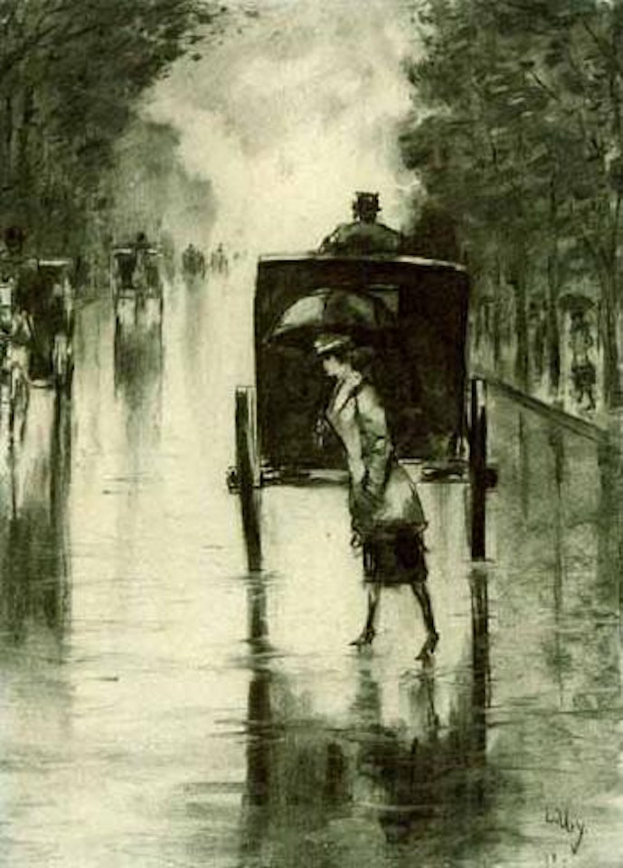 Woman and horse drawn carriages in rainy Berlin boulevard by Lesser Ury