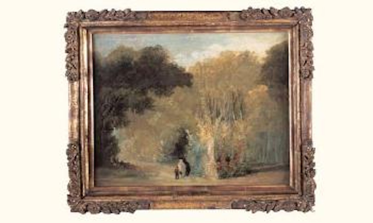 Couple de promeneurs et un enfant devant une statue dans un parc by Hubert Robert